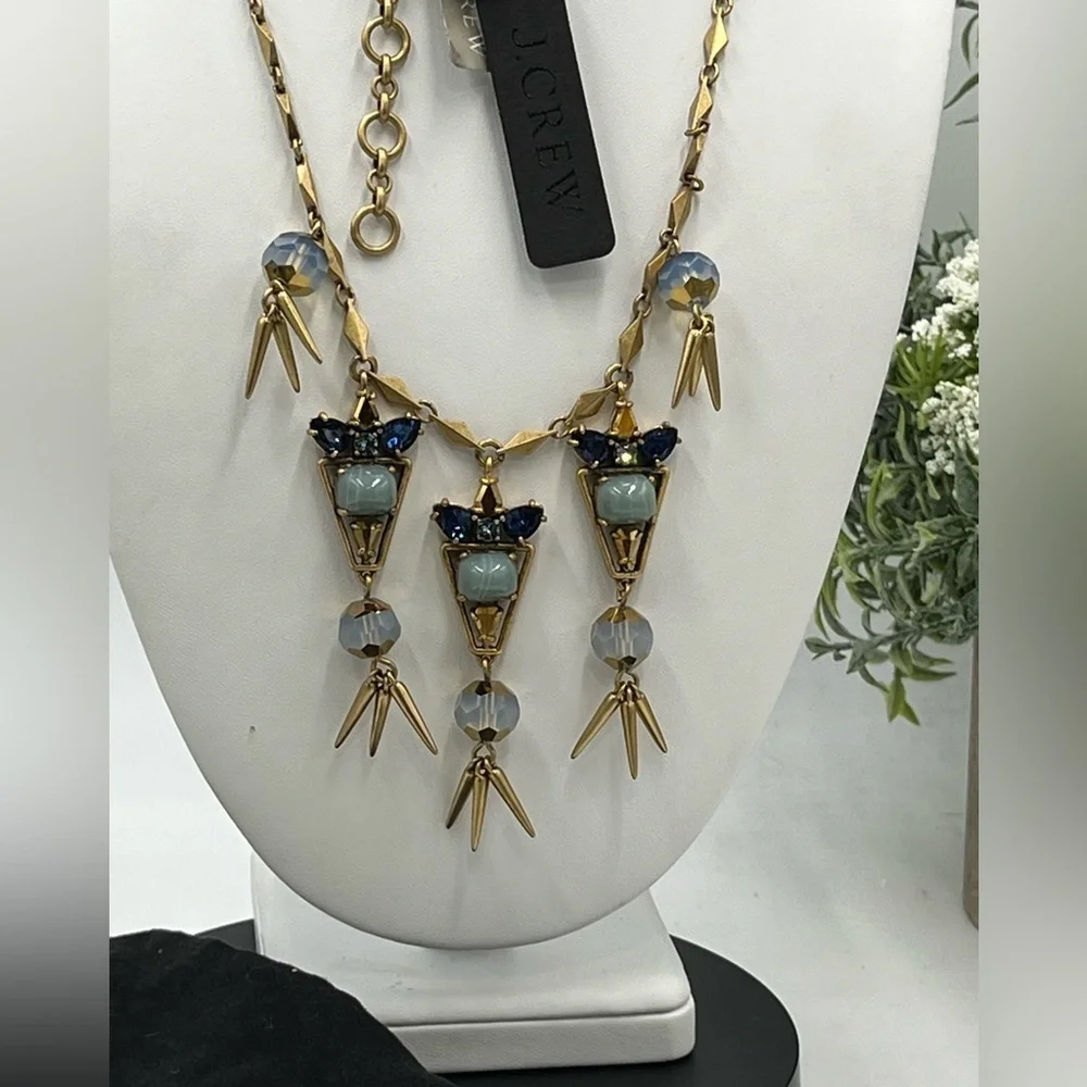 J. Crew Gold Tone Blue Aurora Borealis Blue Cabochon Spike Long Necklace New‎